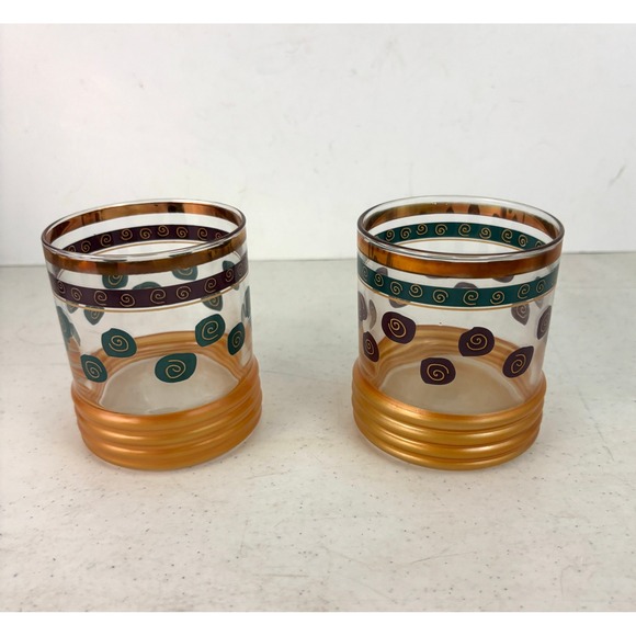 Other - Vintage Gold Teal Burgundy Spiral Rocks Glasses Whiskey Tumblers Pair